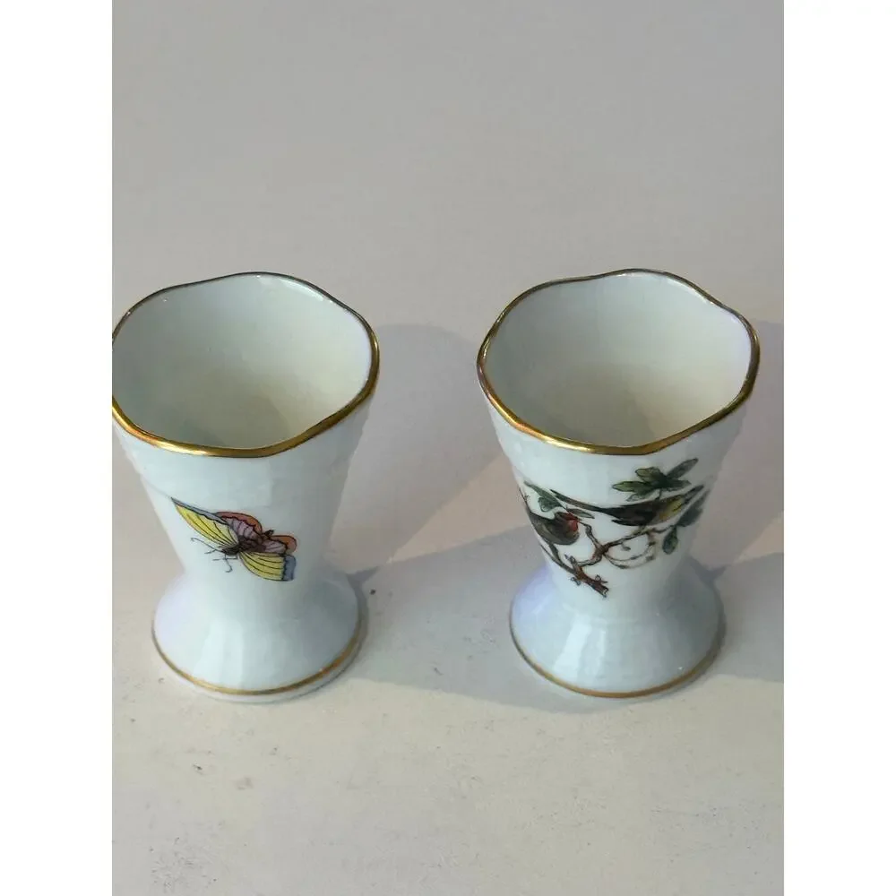 Herend Rothschild Bird Mini Vase Pair 280 RO Hand Painted Porcelain Gold Trim